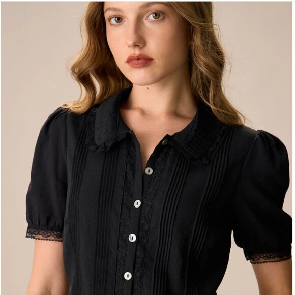 Vintage French Style Chelsea Collar Lace Trim Cotton Blouse NWT - Picture 1 of 4